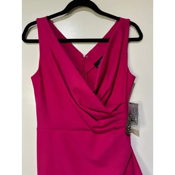 Alex Evenings Side Ruched Cocktail Dress Fuschia Sz. 6 NWT Embellished Faux Wrap - Picture 3 of 12
